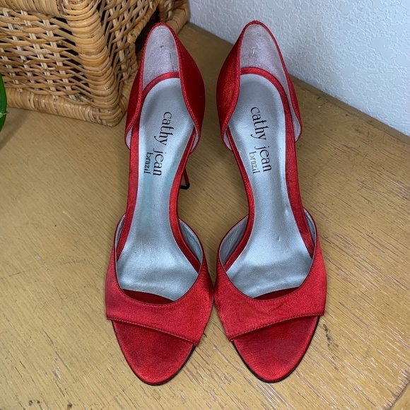 Cathy Jean Shoes - Cathy Jean Brazil Red Satin Peep Toe High Heels Size 7M